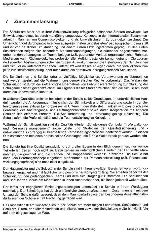 Zusammenfassung der Schulinspektion der Schule am Meer Zusammenfassung der Schulinspektion der Schule am Meer